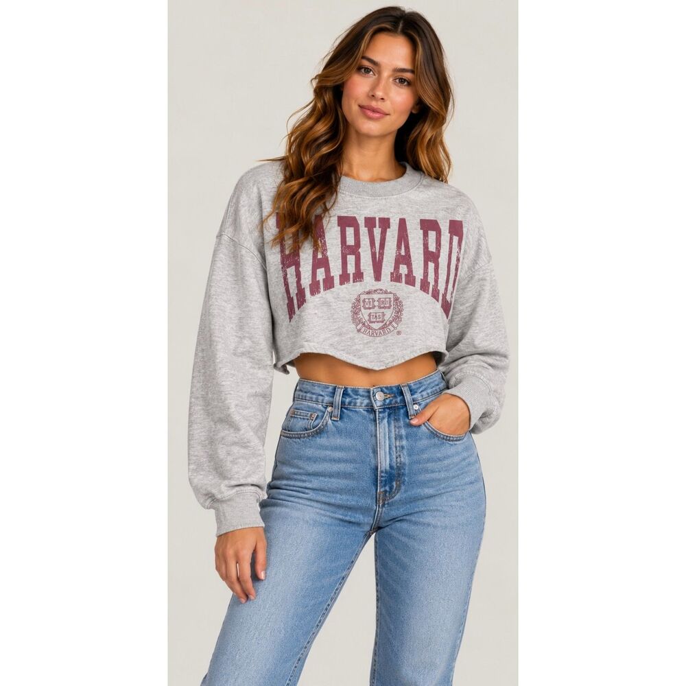 Veritas Harvard Crop Sweatshirt Crewneck Sz M Light Gray Crimson